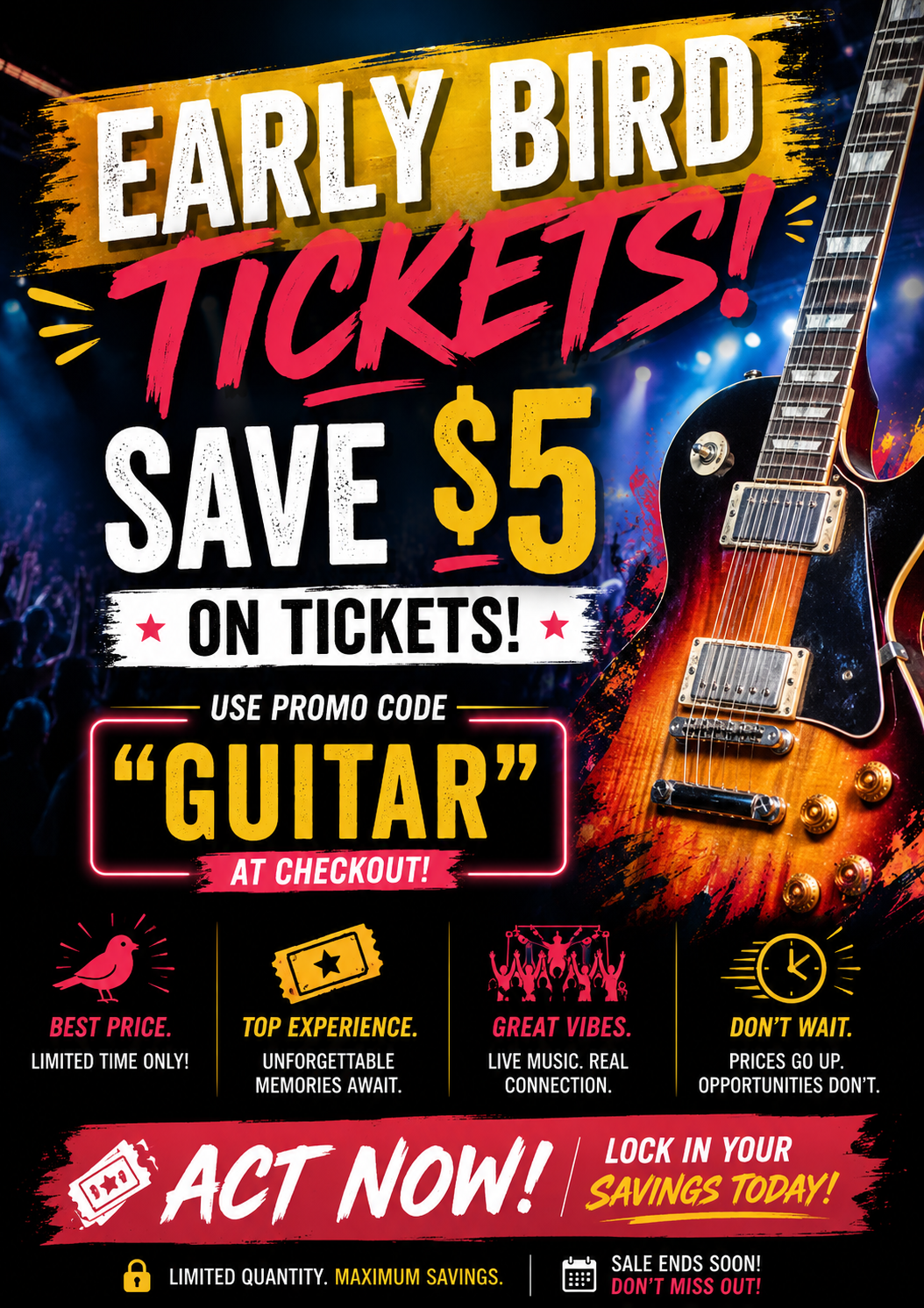 Early Bird Tickets flyer for Las Vegas Guitar Trade Show offering $5 savings with promo code GUITAR.